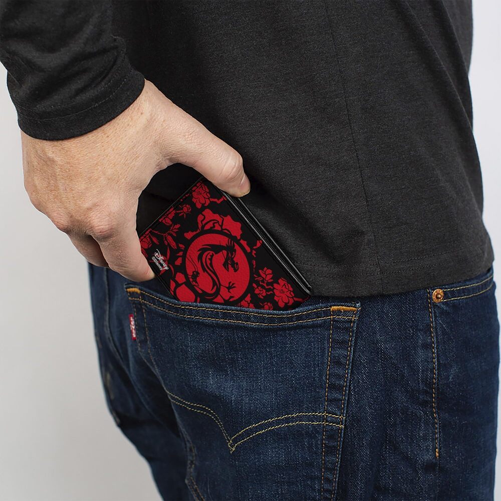 4982 Disney Wallet, Bifold, Mulan Flower Blossoms Mushu Crikee Icon Black - Picture 5 of 8